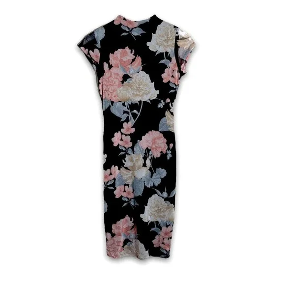 A3 Design | Dresses | A3 Design Mock Neck Short Sleeve Mesh Black Floral  Body Con Midi Dress | Poshmark